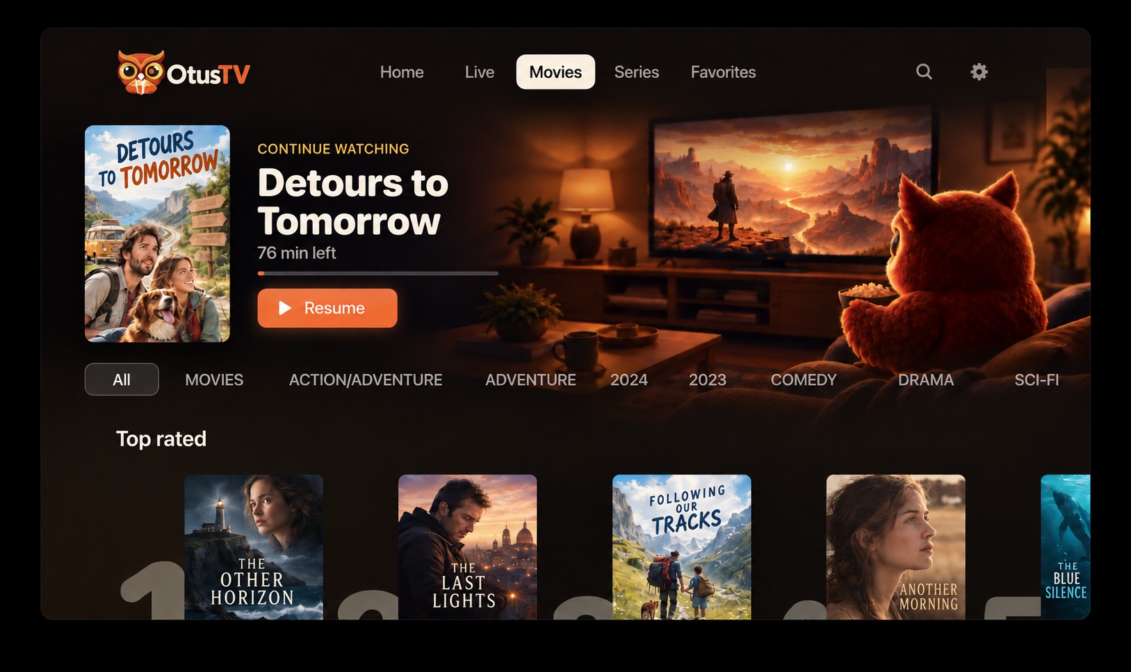 OtusTV Movies view with fictional film posters and ratings