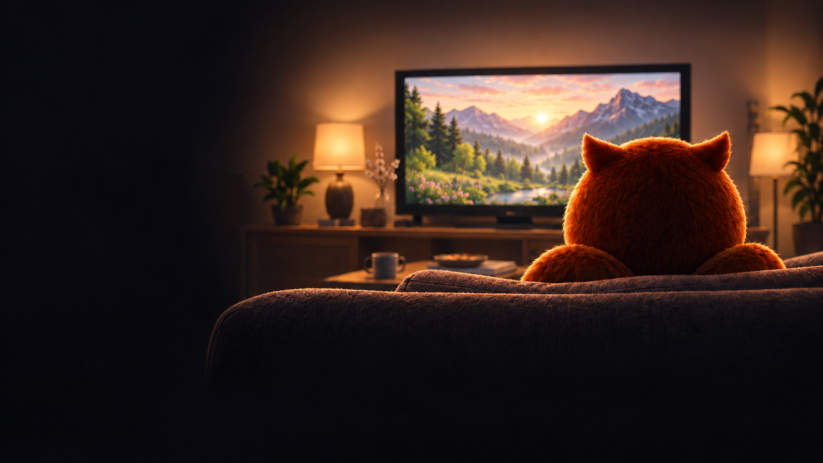 Otus’s living room in spring, facing a mountain landscape